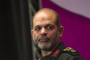 Iranian Defense Minister Vahidi looks on as he attends the 24th Khwarizmi International Award at the Iran's state television conference centre in northern Tehran